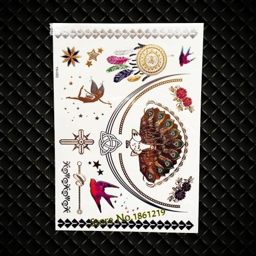 Gold Henna Dreamcatcher Temporary Tattoo Peacock Feather Flying Birds Designs Fairy Waterproof Metallic Flash Tattoo Sticker 053