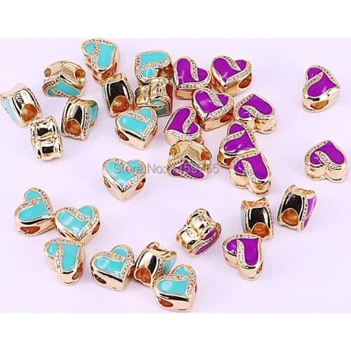 20pcs Micro Pave Zircon Enamel Heart Charms Big Hole Loose Spacer Beads For European Bracelet Jewelry Making