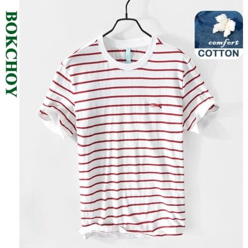 2021 Spring And Summer New Men Cotton Casual Striped Round Neck Embroidered Short Sleeve T-Shirt Workwear Blue Brown Top GA-Z552