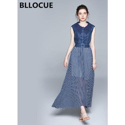 BLLOCUE 2020 Summer New Denim Dress Women Elegant Doll Collar Sleeveless Polka Dot Print Splice High Waist Long Dress With Belt