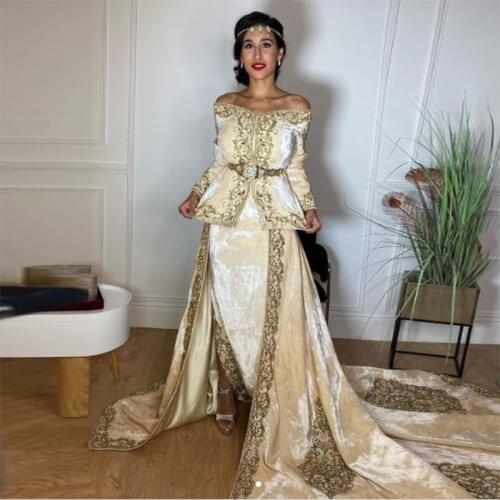 Elegant Ivory Off Shoulder Velvet Moroccan Caftan Evening Dress Long Sleeves Muslim Special Occasion Dresses Dubai Prom Gowns