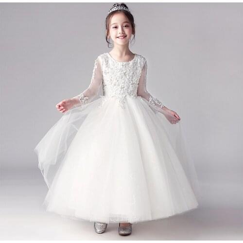 Elegant White Tulle Sequin Flower Girl Dress For Wedding Long Sleeve Kids Party Prom Birthday Dress First Communion Dresses