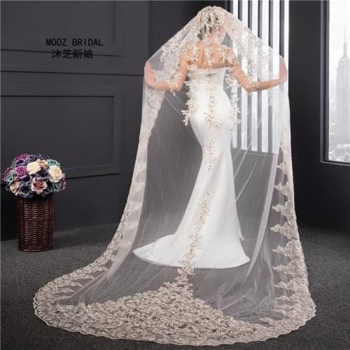 Champagne Wedding Veils 2017 Real Images New Style Sequins Appliques One Layer Veils In Stock Luxury 3m Lace Bridal Veil