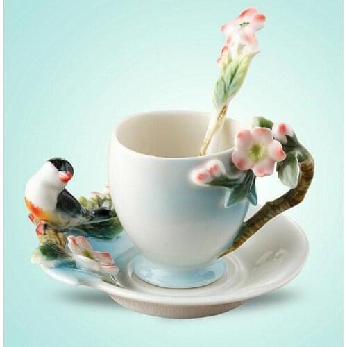 Ceramic Cup Magpies Plum Blossom Enamel color Coffee Cup with Saucer and Spoon European Creative Tea cups tea cup set