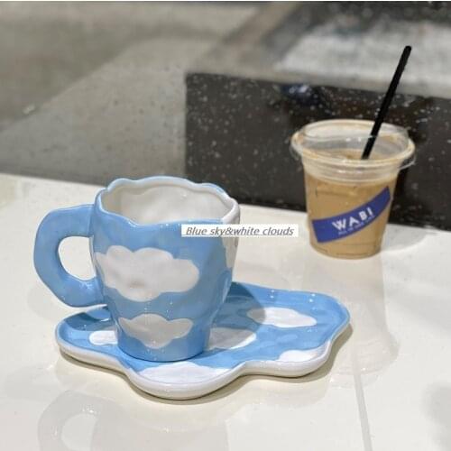Coffee Mugs Hand Drawing Blue Sky White Clouds Design Ins Style Drinkware Ceramic Tableware of Aftternoon Tea Milk Porcelain Cup