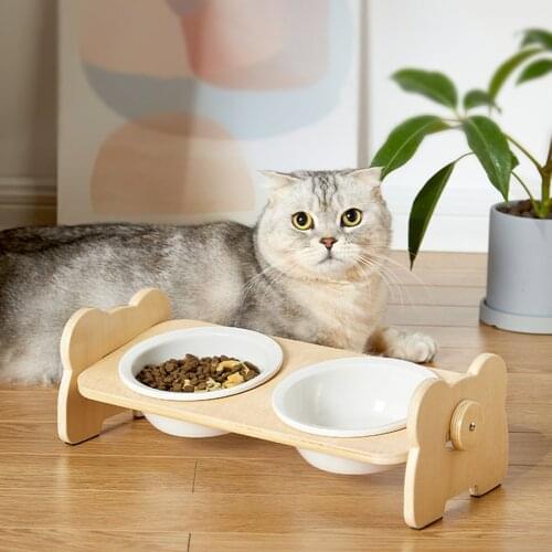 Creative Pet Bowl For Cats And Dogs Adjustable Bamboo Cat Food Water Bowl Holder Feeder Stainless Steel Bowls