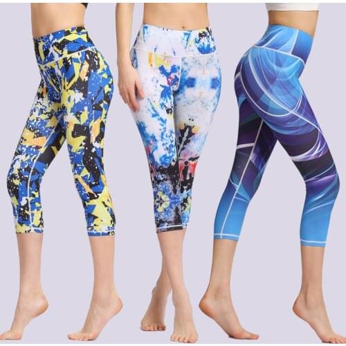 Printed Yoga Leggings Elastic Waist Capri Pants Seamless Cropped Trousers Tights Gym Clothing for Women Sport Fitness