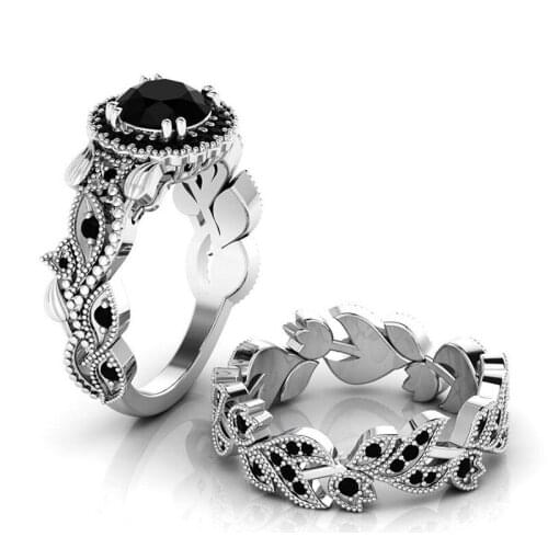 Fashion Flowers Leaves Modelling Pink Black Rhinestone Rings for Women Trendy Lady Party Finger Wedding Ring Set Boho Jewelry