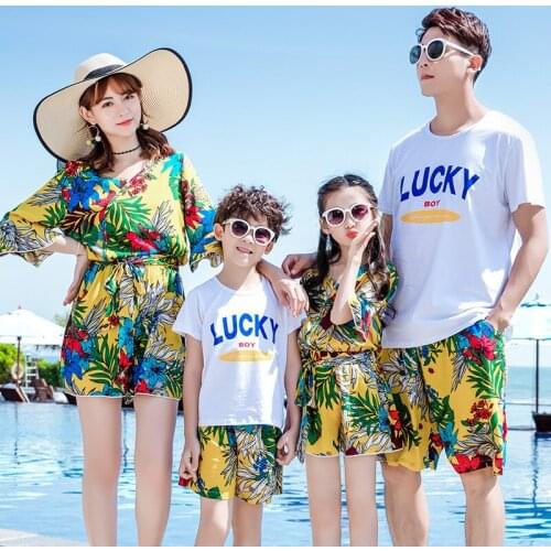 New Summer Family Outfits Mother Daughter Dresses Girl Dress Fashion Father Son Sets Cotton Short Sleeve T Shirt Shorts Print