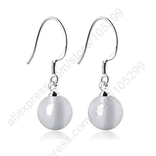 Free Shipping White Cat Eye Stone Ball Beads 925 Sterling Silver Dangle Earrings Jewelry Wholesale Lot