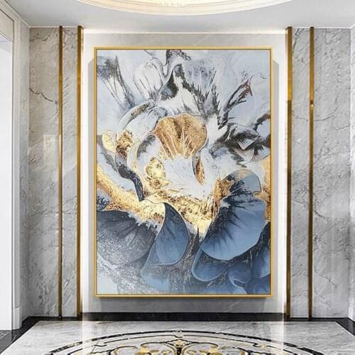 Modern Abstract Gold Blue Flowers Oil Painting on Canvas Wall Art Poster Nordic Home Decor Flower Pictures for Interior Office