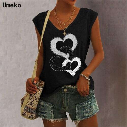 Umeko Heart Print Women Top Plus Size Casual Sexy Camisole Tanks Top V-neck Simple Loose Sleeveless T-shirts New Vest Ropa Mujer