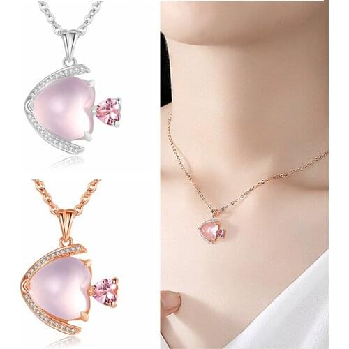 Trendy Crystal Pink Fish Pendant Necklace For Lady Jewelry Charm Princess Silver 925 Necklace Women Gold Chain Clavicle Choker