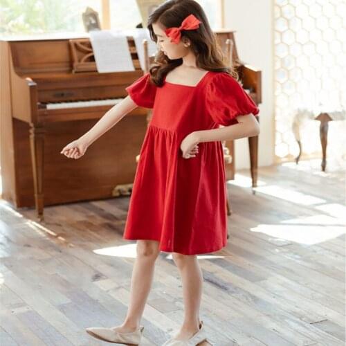5 To 18 Years 100% Cotton 2021 New Summer Teen Girls Dress Party Princess Dresses Cute Children Kids Girl Clothing Red Fashion