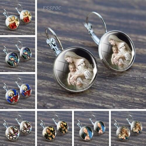 1 Pair Virgin Mary and Son of God Jesus Hook Earrings Vintage Christian Catholicism Glass Cabochon Earrings Women Jewelry Gifts
