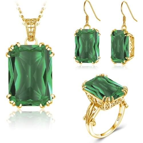 18K Gold Jewelry Sets For Women Gemstone Emerald Ring Earrings Pendientes Trendy Wedding 925 Sterling Silver Fashion Jewellery