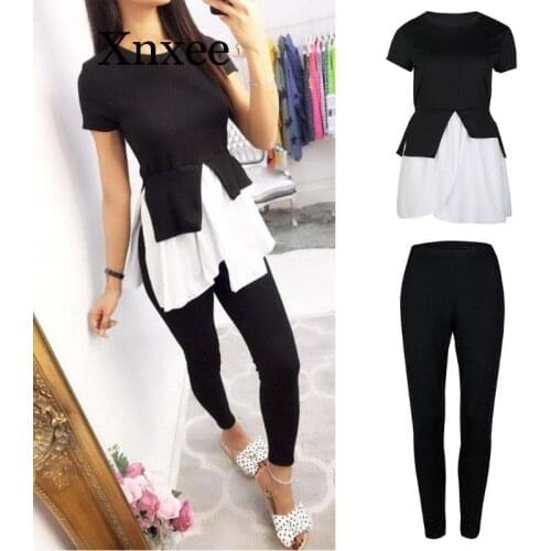 Womens Sets Summer Holiday Two Pieces Lady Casual Solid Color Short Sleeve Tunic T-Shirt Tops + Leggings Pants long summer