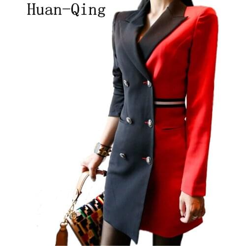 Autumn Womens Vintage Patchwork Suit Jacket Double Breasted Blazers Coat Office Lady Long Sleeve Long Blazers Dress Outerwear