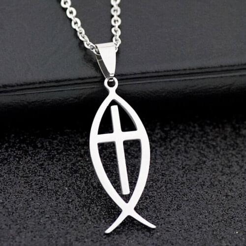 LOT 12 pcs fashion cross Stainless steel jesus fish pendants necklaces Jewelry ST03-1