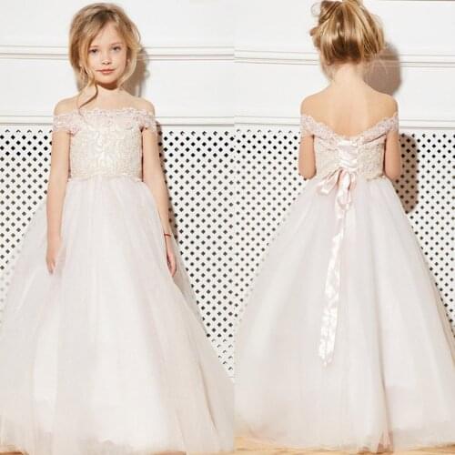 2019 Blush Custom Made Long Off the Shoulder Boat Neck Tulle Flower Girl Dresses Gowns Birthday Party Girls Dresses