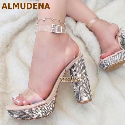ALMUDENA Glitter Crystal Chunky Heel Sandals Transparent PVC Buckle Strap Wedding Shoes Bling Bling Rhinestone Platform Pumps