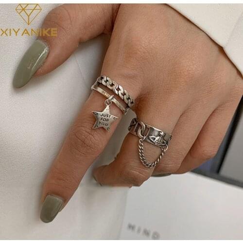 XIYANIKE INS Trendy 925 Sterling Silver Creative Pentagram Chain Tassel Opening Rings Thai Silver Elegant Jewelry Gift for Women