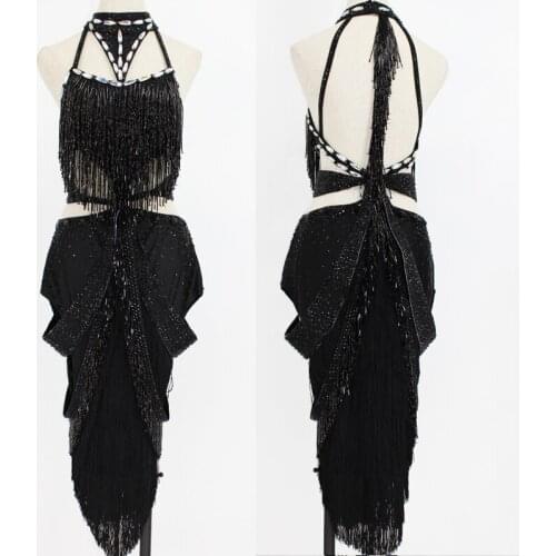 Latin Dance Costume Women/Girls Black Fringe Dress Sexy Backless Party Tassels Skirt Chacha/Samba/Tap Dance Competition Dress