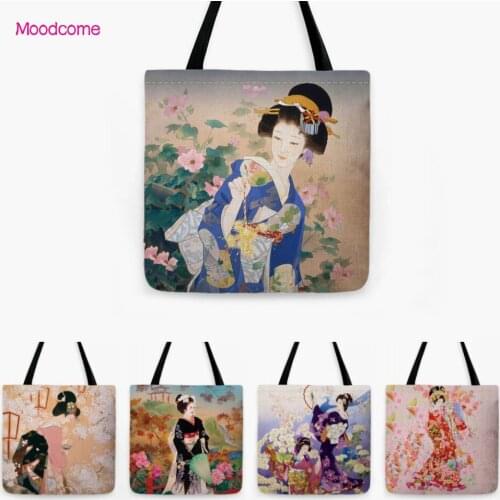 Fashion Girl Large Tote Bag Shopper Shopping Bag Floral Traditional Japanese Geisha Cartoon Art Woman Lady Carrying Shoulder Bag