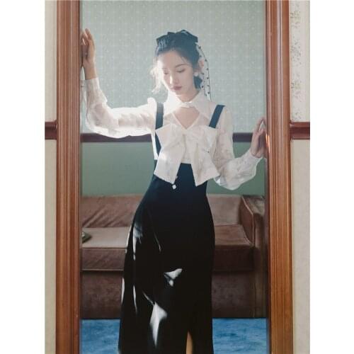 Korean Fashion Women Outfits Vintage Bow White Shirt Lady Tops & Black Tank Dress For Elegant Lady Suits Modern Matching Sets