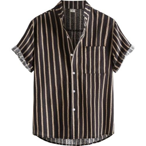 Fashion Mens Summer Vintage Shirts Cotton And Linen Striped Printed Button Shirt Short-sleeved Hawaiian Мужские рубашки 2021