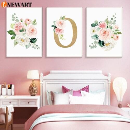 Watercolor Flower Nursery Custom Name Wall Art Canvas Painting for Baby Girl Room Poster Decoration Picture Kids Bedroom Decor