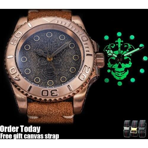 Mens Bronze Diving Watch Water Ghost Sapphire Crystal Glass Mirror Carved Pattern Case NH35 Automatic Mechanical Luminous Skull
