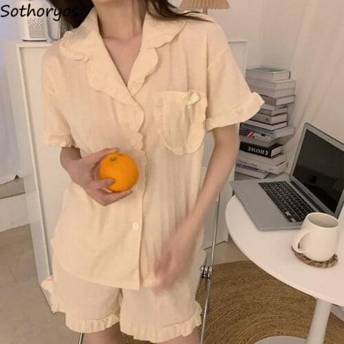 Pajama Sets Women Turn-down Collar Short Sleeve Sleep Top Shorts Ruffles Sweet Soft Sleepwear Causal Ulzzang Femme Two Piece Set