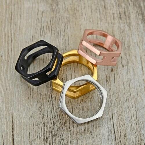 ValilyMens Black Plated Simple Hexagon Shape Finger Ring stainless steel Geometric Design Jewelry ring for women men,wholesale