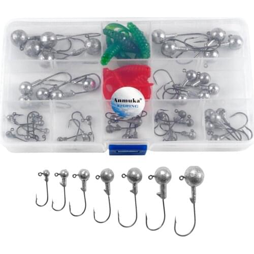 45pcs/set Lead Head Fishing Hooks Jigs Hooks + 10pcs Soft Worm Shrimp Lures Red/Green Combo