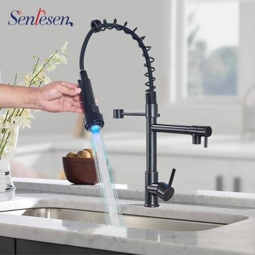 Senlesen LED Kitchen Sink Taps Black Brass Spring LED Kitchen Faucet Single Handle Hole Vessel Sink Mixer Tap