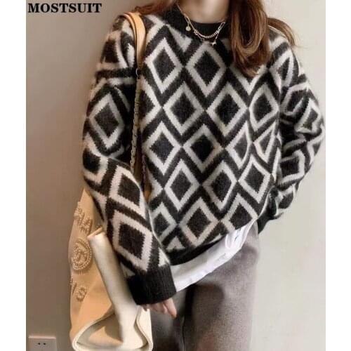 Plaid Knitted Sweater Pullover Women Fall Winter Full Sleeve O-neck Jumpers Vintage High Street Loose Ladies Tops 2021