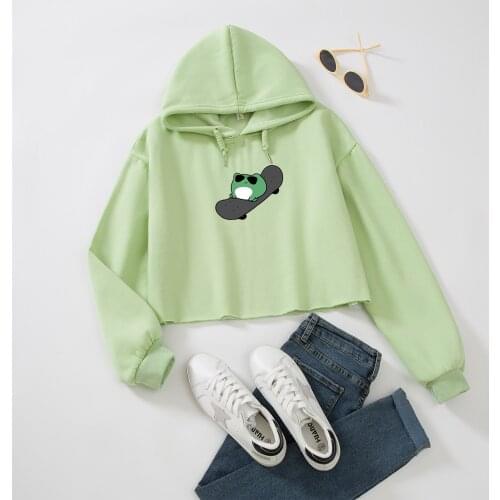 Crop Top Hoodie for Girls Cute Frog Sweatshirt Graphic Aesthetic Oversize Women Cotton Pullover Long Sleeves Coat Streetwear