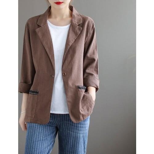 Vintage Solid Color Casual Blazer Jacket Womens Loose Cotton Linen Top 2021 Spring Summer Shirt Suit Coat Female Outwear
