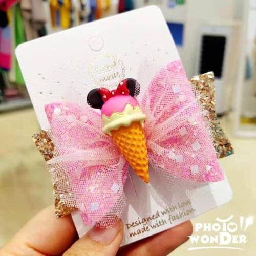 Thumbelina Ice Cream Bows Hairgrip Glitter Hair Bows with Clip Dance Party Bow Hair Clip Girls Hairpins Hair Accessories