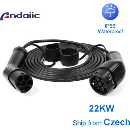 ANDAIIC EV Charging Cable 32A 22KW Three Phase Type 2 Electric Vehicle for Car Charger Station Female to Male Plug