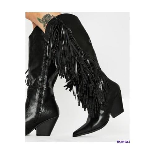 Winter Boots For Fashion Women Knee High Square Heel Round Toe Low-heeled Casual Shoes Puppy Heel Western Cowboy Fringe Boots
