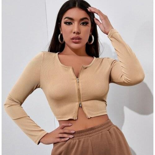 Long Sleeve Tops Autumn For Women 2021 Knitted Ribbed Women Tee Shirts Bodycon T-shirts Zippers Winter T-Shirts Black G2903