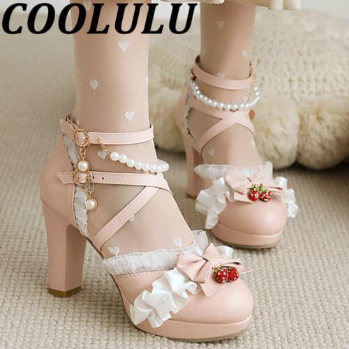 COOLULU 2021 Lolita Pumps Women Platform Lace Cute Pumps D orsay New High-heeled Shoes Simple Side Buckle Sweet Thick Heel Shoes