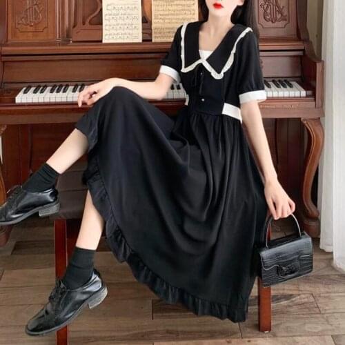 Black Gothic Dress Women Korean Style Short Sleeve Vintage Midi Dress Female Bandage Design Evening Y2k Dress Party 2021 Summer