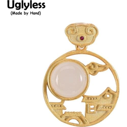 Uglyless Mid-Autumn Festival Gifts Full Moon Jade Pendants for Women Handmade Cloud House Bridge Necklaces NO Chains 925 Silver