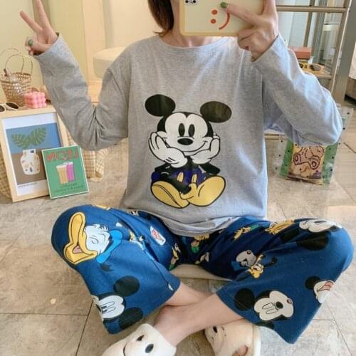 Disney Pajamas Set for Women Mickey Mouse Two Piece Fall Sleepwear Pants Long Sleeved Plus Size Loungewear Casual Soft Nightwear