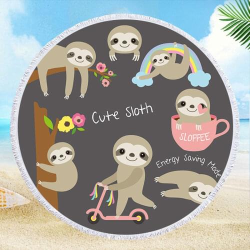 Summer Cartoon Sloth Pattern Beach Towel With Tassel Round Tapestry Picnic Throw Rug Beach Bikini Shawl Tassel Yoga Mat