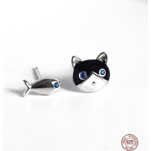 LKO 925 Sterling Silver Stud Earrings High Quality Woman Fashion Jewelry New Cats Eat Fish Zircon Hot Sale Earrings