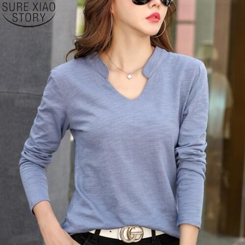 Fashion 2021 Plus Size Loose Tshirt Cotton Long Sleeve T-shirt Women Tees Tops V-Neck Solid Blue Office Ladies T-shirts 13172